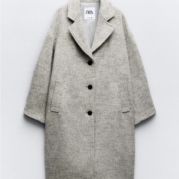 Zara Women's Long Gray Herringbone Coat - Picture 1 of 6